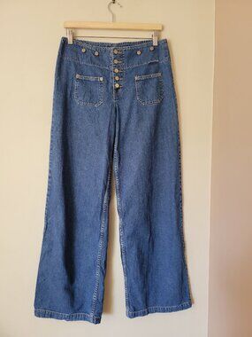 Vintage 90s Denim lei Wide Leg Sailor Patch Pocket Exposed Button Fly Jeans 11